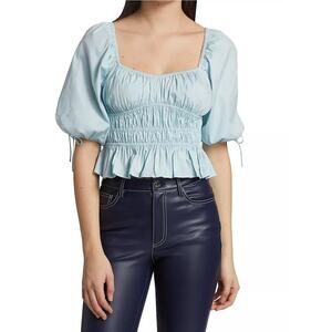 NWT STAUD Faye Smocked Ruffle Blouse Top in Winter Sky Blue 8 (M)